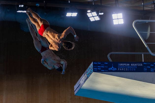 SWIMMING - EAC 2026 PARIS,FRANCE,04.AUG.26 - SWIMMING - European Aquatics Championships Paris 2026, diving, 10m synchronised platform, men. Image shows Anton Knoll and Dariush Lotfi (AUT).  GEPAxpictures xPhilippxBrem