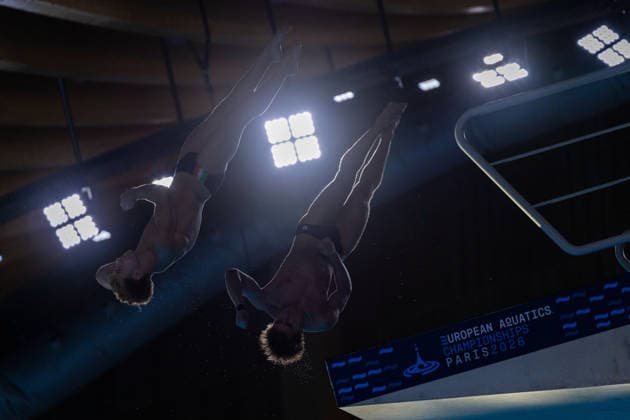 SWIMMING - EAC 2026 PARIS,FRANCE,04.AUG.26 - SWIMMING - European Aquatics Championships Paris 2026, diving, 10m synchronised platform, men. Image shows Simone Conte and Raffaele Pelligra (ITA).  GEPAxpictures xPhilippxBrem