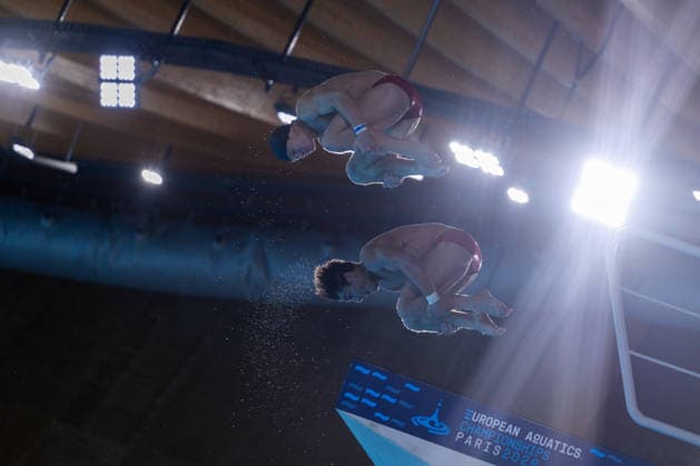 SWIMMING - EAC 2026 PARIS,FRANCE,04.AUG.26 - SWIMMING - European Aquatics Championships Paris 2026, diving, 10m synchronised platform, men. Image shows Anton Knoll and Dariush Lotfi (AUT).  GEPAxpictures xPhilippxBrem
