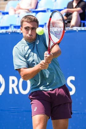 MONTREAL, QC - AUGUST 04: Daniel Merida (ESP) returns the ball during a first round match at National Bank Open on August 04, 2026 at IGA Stadium in Montreal, QC (Photo by David Kirouac Icon Sportswire) TENNIS: AUG 04 National Bank Open EDITORIAL USE ONLY Icon26080404426