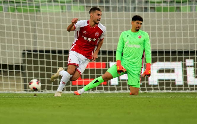 Crvena Zvezda v Hapoel Beer Sheva, UEFA Champions League third qualifying round, first leg, Season 2026 2027 Szombathely, Hungary. 4th August, 2026. Hapoel s Zahi Ahmad celebrates goal during the UEFA Champions League third qualifying round, first leg football match between Crvena Zvezda (Red Star) and Hapoel Be er Sheva at the Haladas Stadium on August 4, 2026 in Szombathely, Hungary. Szombathely Hungary Copyright: xPedjaxMilosavljevicx x
