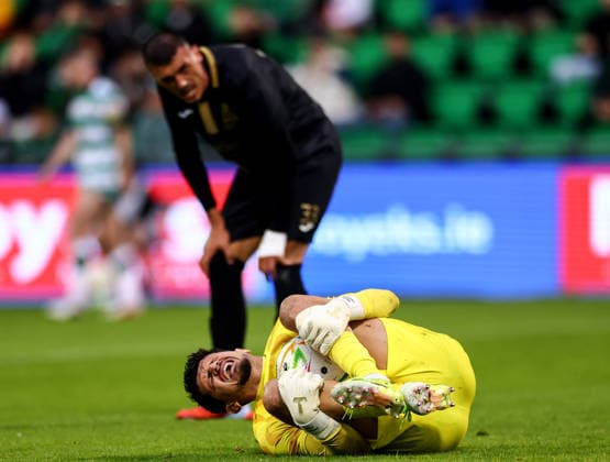 UEFA Europa League Third Qualifying Round First Leg, Tallaght Stadium, Dublin 4 8 2026 Shamrock Rovers vs KF Egnatia KF Egnatia Mario Dajsinani goes down injured Mario Dajsinani goes down injured 4 8 2026  Copyright: xx JR1W6410