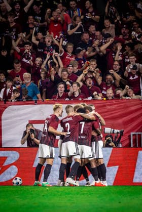 SPARTA PRAGUE - OLYMPIQUE LYONNAIS Matej Rynes, Adam Karabec, Josimar Alcocer of Sparta celebrate a goal during the first leg of third qualifying round of UEFA Champions league football match between AC Sparta Praha and Olympique Lyonnais at the Epet arena Stadium Letna. Prague, Czechia, August 04, 2026. Photo by Branislav Racko Copyright: xx 080A5939