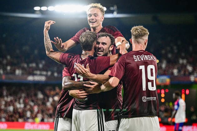 AC Sparta Praha players celebrate a goal during the 1st leg, 3rd qualifying round match of the Football Champions League between Sparta Praha and Olympique Lyon, on August 4, 2026, in Prague, Czech Republic. (CTKxPhoto OndrejxDeml) CTKPhotoP2026080407002  CTKPhotoP2026080407002