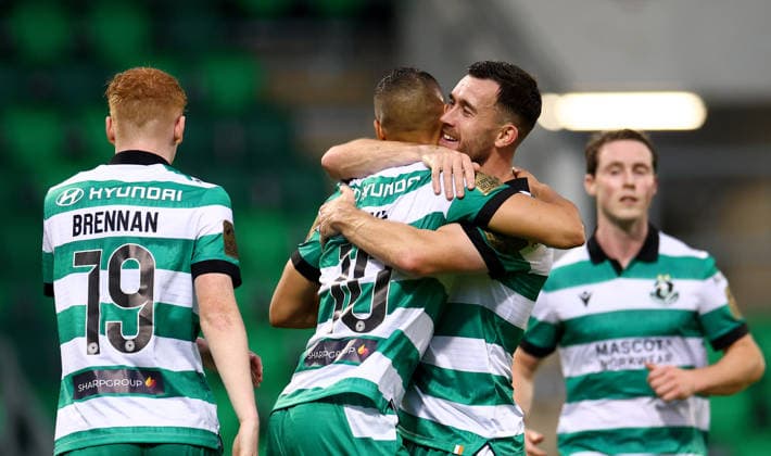 UEFA Europa League Third Qualifying Round First Leg, Tallaght Stadium, Dublin 4 8 2026 Shamrock Rovers vs KF Egnatia Shamrock Rovers Graham Burke celebrates scoring his sides first goal with Aaron Greene Graham Burke celebrates scoring his sides first goal with Aaron Greene 4 8 2026  Copyright: xx JR1W6960