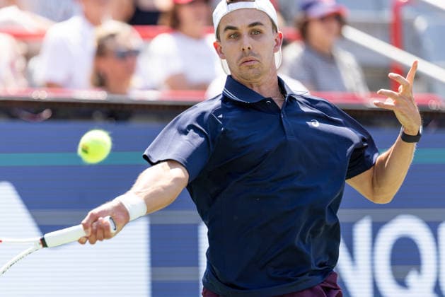 August 4, 2026, Montreal, Quebec, Canada: ZACHARY SVAJDA from USA forehand in match against Denis Shapovalov from Canada in first round at Canadian Open at IGA stadium in Montreal, Quebec, Canada on 2026-08-04 Montreal Canada - ZUMAl189 20260804_zsp_l189_069 Copyright: xYannickxLegarex