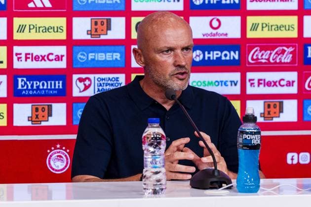 Athens , 04-08-2026 , Stadio Georgios Karaiskakis , third qualifying round of the Champions League , season 2026 2027 , Olympiakos - NEC , picture shows NEC coach Dick Schreuder press conference, PK, Pressekonferenz after the match final score 0-0. Olympiakos - NEC  x205454370x Copyright: