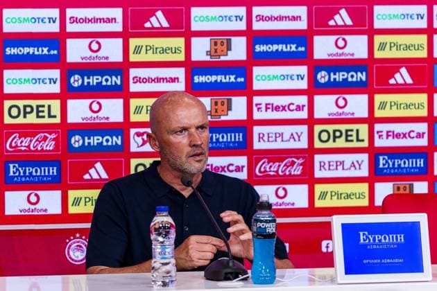 Athens , 04-08-2026 , Stadio Georgios Karaiskakis , third qualifying round of the Champions League , season 2026 2027 , Olympiakos - NEC , picture shows NEC coach Dick Schreuder press conference, PK, Pressekonferenz after the match final score 0-0. Olympiakos - NEC  x205454371x Copyright:
