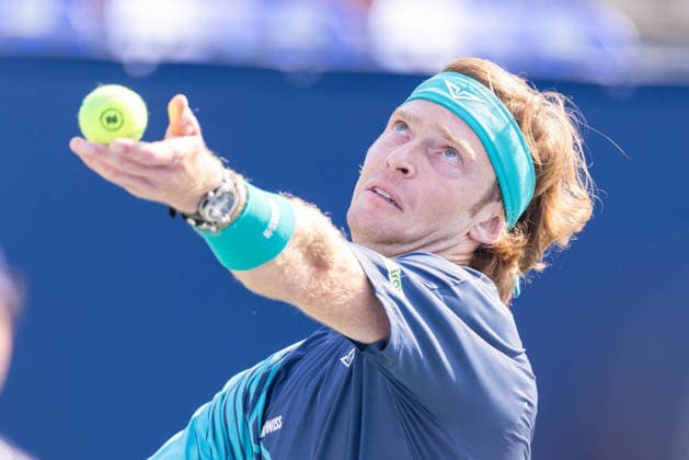 August 4, 2026, Montreal, Quebec, Canada: ANDREY RUBLEV (10) serving in match against JUNCHENG SHANG from China in second round at Canadian Open at IGA stadium in Montreal, Quebec, Canada on 2026-08-04 Montreal Canada - ZUMAl189 20260804_zsp_l189_085 Copyright: xYannickxLegarex