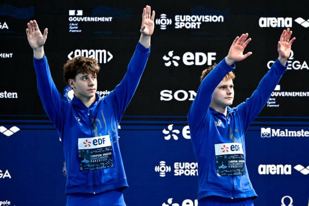 Mark Hrytsenko, Oleksii Sereda of Ukraine celebrate after winning the bronze medal in the diving 10m Platform Synchro Men Final during the European Aquatics Championships at the Olympic Aquatic Center in Paris (France), August 4, 2026. Andrea Masini Deepbluemedia Insidefoto