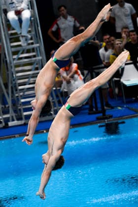 Simone Conte, Raffaele Pelligra of Italy compete in the diving 10m Platform Synchro Men Final during the European Aquatics Championships at the Olympic Aquatic Center in Paris (France), August 4, 2026. Andrea Staccioli