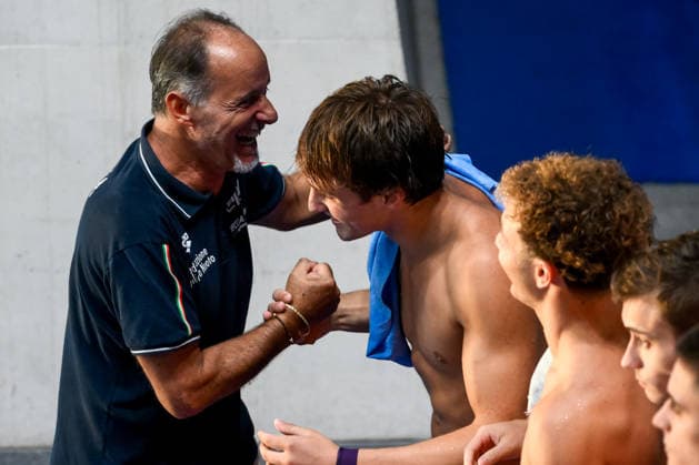 Oscar Bertone, Simone Conte, Raffaele Pelligra of Italy celebrate after winning the silver medal in the diving 10m Platform Synchro Men Final during the European Aquatics Championships at the Olympic Aquatic Center in Paris (France), August 4, 2026. Andrea Staccioli