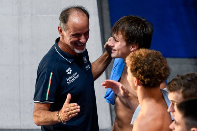Oscar Bertone, Simone Conte, Raffaele Pelligra of Italy celebrate after winning the silver medal in the diving 10m Platform Synchro Men Final during the European Aquatics Championships at the Olympic Aquatic Center in Paris (France), August 4, 2026. Andrea Staccioli