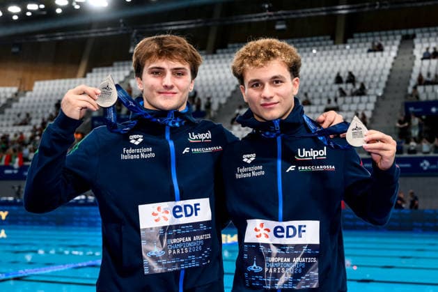 Simone Conte, Raffaele Pelligra of Italy show the silver medal after competing in the diving 10m Platform Synchro Men Final during the European Aquatics Championships at the Olympic Aquatic Center in Paris (France), August 4, 2026. Andrea Staccioli