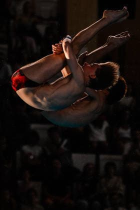 Alexandr Koloskov of of Neutral Athlete A, Siarhei Malashonak of Neutral Athlete A compete in the Diving Men s 10m Platform Final during the European Aquatics Championships at the Olympic Aquatic Center in Paris (France), August 4, 2026. Andrea Staccioli