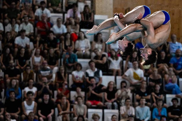Ben Cutmore of Great Britain, Euan McCabe of Great Britain compete in the Diving Men s 10m Platform Final during the European Aquatics Championships at the Olympic Aquatic Center in Paris (France), August 4, 2026. Andrea Staccioli