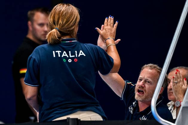 Benedetta Molaioli, Tommaso Marconi celebrate during the diving 3m Springboard Women Final during the European Aquatics Championships at the Olympic Aquatic Center in Paris (France), August 4, 2026. Andrea Masini Deepbluemedia Insidefoto