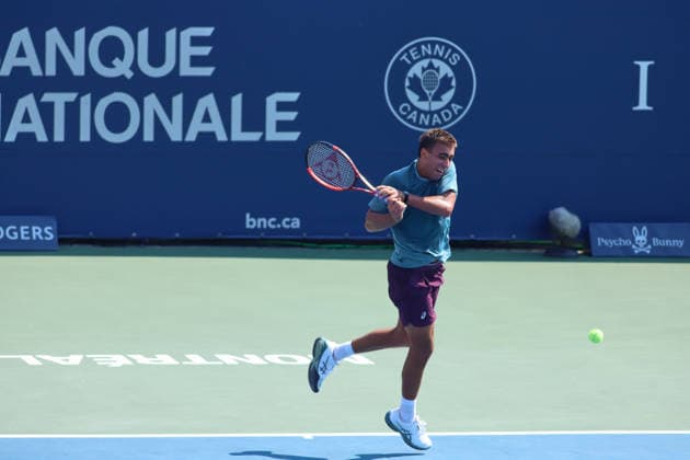 ATP, Tennis Herren Masters 1000 National Bank Open Montreal 2026 - Round of 64 - Day 4 Daniel Merida of Spain plays a backhand during the Men™s Singles round of 64 match against Liam Draxl of Canada on day 4 of the ATP Masters1000 National Bank Open at IGA Stadium. on August 4, 2026, in Montreal, Canada. (Photo by Horacio Zamora Eyepix Group) Copyright: xHoracioxZamorax xEyepixxGroupx HZ_04082026_193827