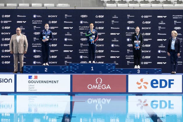 Women 3m springboard diving final European Aquatics Championships - Saint-Denis Silver medallist Britain s diver Yasmin Harper, Gold medallist Italy s diver Chiara Pellacani and Bronze medallist Neutral Athletes diver Nadezhda Trifonova celebrate on the podium following the women’s 3m springboard diving final event during the LEN European Aquatics Championships, at the Olympic Aquatics Centre in Saint-Denis, northeastern suburbs of Paris, on August 4, 2026. Photo by Raphael Lafargue ABACAPRESS.COM Saint-Denis France  Copyright: xLafarguexRaphael ABACAx