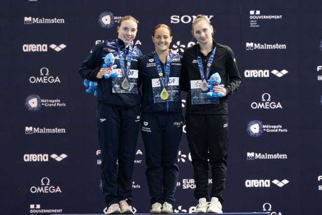 Women 3m springboard diving final European Aquatics Championships - Saint-Denis Silver medallist Britain s diver Yasmin Harper, Gold medallist Italy s diver Chiara Pellacani and Bronze medallist Neutral Athletes diver Nadezhda Trifonova celebrate on the podium following the women’s 3m springboard diving final event during the LEN European Aquatics Championships, at the Olympic Aquatics Centre in Saint-Denis, northeastern suburbs of Paris, on August 4, 2026. Photo by Raphael Lafargue ABACAPRESS.COM Saint-Denis France  Copyright: xLafarguexRaphael ABACAx