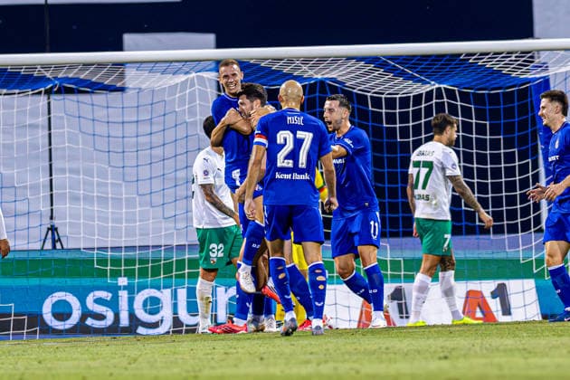 GNK Dinamo vs FK Kauno Žalgiris, UEFA Champions League third qualifying round, first leg, Stadion Maksimir, August 4, Zagreb, Croatia. GNK Dinamo celebrates after scoring during the UEFA Champions League third qualifying round first leg match between GNK Dinamo and FK Kauno Žalgiris at Stadion Maksimir in Zagreb, Croatia. Zagreb Zagreb Croatia