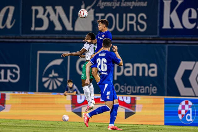 GNK Dinamo vs FK Kauno Žalgiris, UEFA Champions League third qualifying round, first leg, Stadion Maksimir, August 4, Zagreb, Croatia. Sergi Dominguez heads the ball during the UEFA Champions League third qualifying round first leg match between GNK Dinamo and FK Kauno Žalgiris at Stadion Maksimir in Zagreb, Croatia. Zagreb Zagreb Croatia