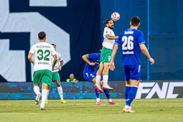 GNK Dinamo vs FK Kauno Žalgiris, UEFA Champions League third qualifying round, first leg, Stadion Maksimir, August 4, Zagreb, Croatia. Anton Tolordava challenges Dinamo palyer to head fight during the UEFA Champions League third qualifying round first leg match between GNK Dinamo and FK Kauno Žalgiris at Stadion Maksimir in Zagreb, Croatia. Zagreb Zagreb Croatia