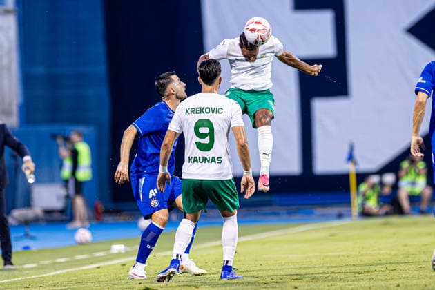 GNK Dinamo vs FK Kauno Žalgiris, UEFA Champions League third qualifying round, first leg, Stadion Maksimir, August 4, Zagreb, Croatia. Joris Moutachy heads the ball during the UEFA Champions League third qualifying round first leg match between GNK Dinamo and FK Kauno Žalgiris at Stadion Maksimir in Zagreb, Croatia. Zagreb Zagreb Croatia