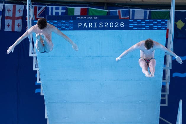 Men 10m platform synchro diving final European Aquatics Championships - Saint-Denis Divers compete in the men’s 10m platform synchro diving final event during the LEN European Aquatics Championships, at the Olympic Aquatics Centre in Saint-Denis, northeastern suburbs of Paris, on August 4, 2026. Photo by Raphael Lafargue ABACAPRESS.COM Saint-Denis France  Copyright: xLafarguexRaphael ABACAx