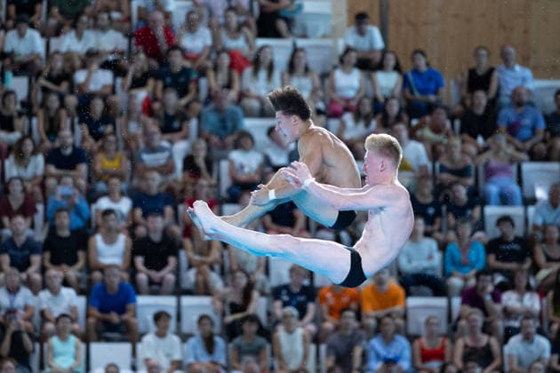 Men 10m platform synchro diving final European Aquatics Championships - Saint-Denis Divers compete in the men’s 10m platform synchro diving final event during the LEN European Aquatics Championships, at the Olympic Aquatics Centre in Saint-Denis, northeastern suburbs of Paris, on August 4, 2026. Photo by Raphael Lafargue ABACAPRESS.COM Saint-Denis France  Copyright: xLafarguexRaphael ABACAx