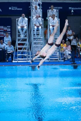 Men 10m platform synchro diving final European Aquatics Championships - Saint-Denis Neutral Athletes diver Alexandr Koloskov and Neutral Athletes diver Siarhei Malashonak compete in the men’s 10m platform synchro diving final event during the LEN European Aquatics Championships, at the Olympic Aquatics Centre in Saint-Denis, northeastern suburbs of Paris, on August 4, 2026. Photo by Raphael Lafargue ABACAPRESS.COM Saint-Denis France  Copyright: xLafarguexRaphael ABACAx