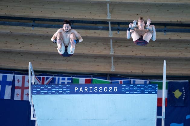 Men 10m platform synchro diving final European Aquatics Championships - Saint-Denis Neutral Athletes diver Alexandr Koloskov and Neutral Athletes diver Siarhei Malashonak compete in the men’s 10m platform synchro diving final event during the LEN European Aquatics Championships, at the Olympic Aquatics Centre in Saint-Denis, northeastern suburbs of Paris, on August 4, 2026. Photo by Raphael Lafargue ABACAPRESS.COM Saint-Denis France  Copyright: xLafarguexRaphael ABACAx