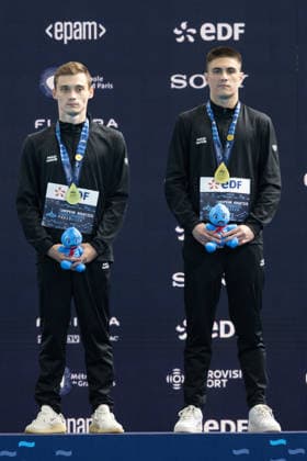 Men 10m platform synchro diving final European Aquatics Championships - Saint-Denis Gold medallists Neutral Athletes divers Nikita Shleikher and Ruslan Ternovoi celebrate on the podium following the men’s 10m platform synchro diving final event during the LEN European Aquatics Championships, at the Olympic Aquatics Centre in Saint-Denis, northeastern suburbs of Paris, on August 4, 2026. Photo by Raphael Lafargue ABACAPRESS.COM Saint-Denis France  Copyright: xLafarguexRaphael ABACAx