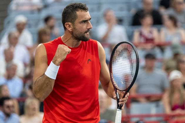 MONTREAL, QC - AUGUST 04: Marin Cilic from Croatia reacts against Frances Tiafoe from USA during their singles second round match on day three of the ATP, Tennis Herren 1000 National Bank Open presented by Rogers at Stade IGA on August 4, 2026 in Montreal, Quebec, Canada. (Photo by Vincent Ethier Icon Sportswire) TENNIS: AUG 04 National Bank Open EDITORIAL USE ONLY Icon270804033