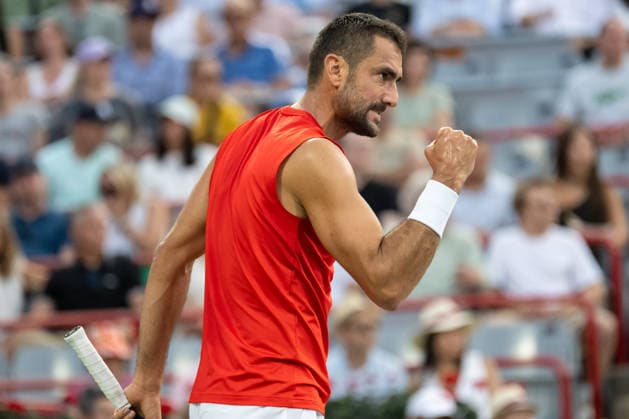 MONTREAL, QC - AUGUST 04: Marin Cilic from Croatia reacts against Frances Tiafoe from USA during their singles second round match on day three of the ATP, Tennis Herren 1000 National Bank Open presented by Rogers at Stade IGA on August 4, 2026 in Montreal, Quebec, Canada. (Photo by Vincent Ethier Icon Sportswire) TENNIS: AUG 04 National Bank Open EDITORIAL USE ONLY Icon270804044