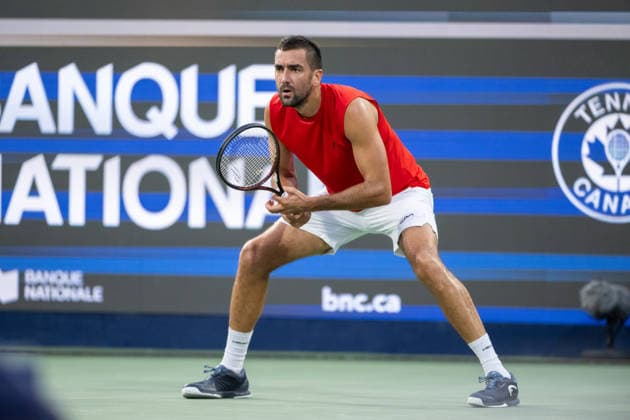 MONTREAL, QC - AUGUST 04: Marin Cilic from Croatia waits for the serve against Frances Tiafoe from USA during their singles second round match on day three of the ATP, Tennis Herren 1000 National Bank Open presented by Rogers at Stade IGA on August 4, 2026 in Montreal, Quebec, Canada. (Photo by Vincent Ethier Icon Sportswire) TENNIS: AUG 04 National Bank Open EDITORIAL USE ONLY Icon270804057