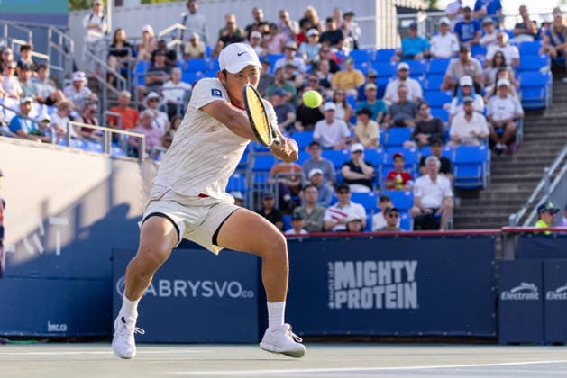 August 4, 2026, Montreal, Quebec, Canada: JUNCHENG SHANG from China backhand in match against Andrey Rublev (10) in second round at Canadian Open at IGA stadium in Montreal, Quebec, Canada on 2026-08-04 Montreal Canada - ZUMAl189 20260804_zsp_l189_106 Copyright: xYannickxLegarex