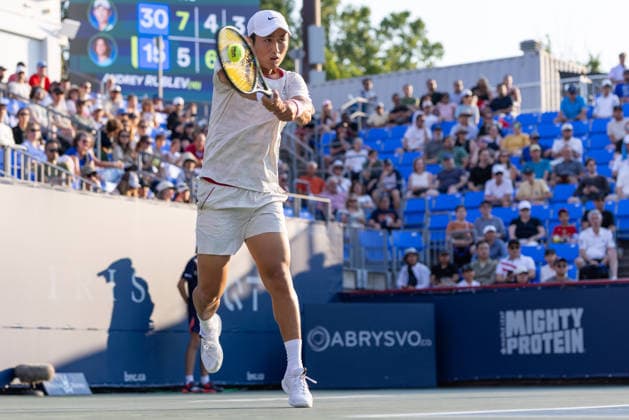 August 4, 2026, Montreal, Quebec, Canada: JUNCHENG SHANG from China backhand in match against Andrey Rublev (10) in second round at Canadian Open at IGA stadium in Montreal, Quebec, Canada on 2026-08-04 Montreal Canada - ZUMAl189 20260804_zsp_l189_110 Copyright: xYannickxLegarex
