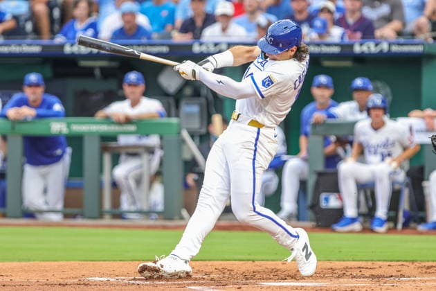 AUG 04, 2026: Kansas City Royals outfielder Jac Caglianone (14) hits a single in the 1st inning against the Minnesota Twins at Kauffman Stadium Kansas City, MO. CSM Kansas City United States - ZUMAc04_ 20260804_zma_c04_033 Copyright: xRomanxPunox