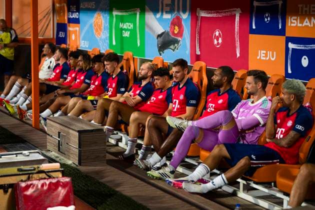August 4, 2026, Seogwipo, Jeju, South Korea: FC Bayern Munich players sit on the bench before an exhibition match between BundesligaÃ¢â‚¬â ¢s FC Bayern Munich and K League 1Ã¢â‚¬â ¢s Jeju SK FC, during the Audi Football Summit 2026 on Tuesday, Aug. 4, 2026 at the Jeju World Cup Stadium in Seogwipo, South Korea. FC Bayern Munich 2:1 Jeju SK FC Exhibition  - ZUMAh163 20260804_znp_h163_012 Copyright: xJintakxHanx