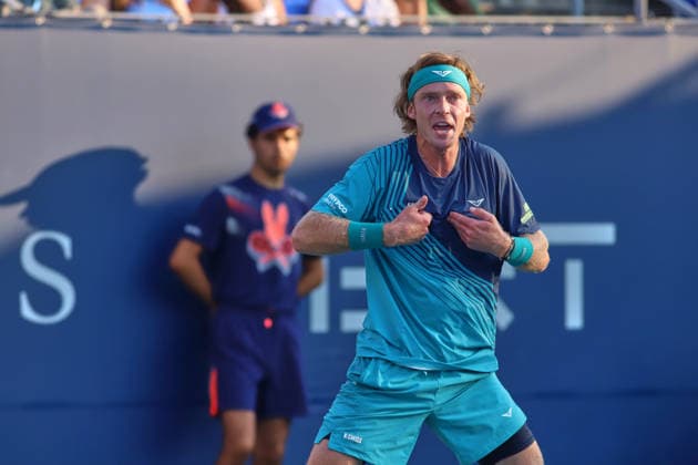 ATP, Tennis Herren Masters 1000 National Bank Open Montreal 2026 - Round of 64 - Day 4 Andrey Rublev of Russia reacts during the Men™s Singles round of 64 match against Shang Juncheng of China on day 4 of the ATP Masters1000 National Bank Open at IGA Stadium. on August 4, 2026, in Montreal, Canada. (Photo by Horacio Zamora Eyepix Group) Copyright: xHoracioxZamorax xEyepixxGroupx HZ_04082026_193879