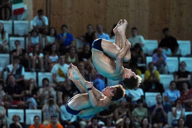 Men s Synchronised 10m Platform, Simone CONTE Raffaele PELLIGRA from Italy, silver medal at the European Aquatics Championships Paris 2026, Paris, August 03, 2026 .  Copyright: xGianxMattiaxD Alberto LaPressex