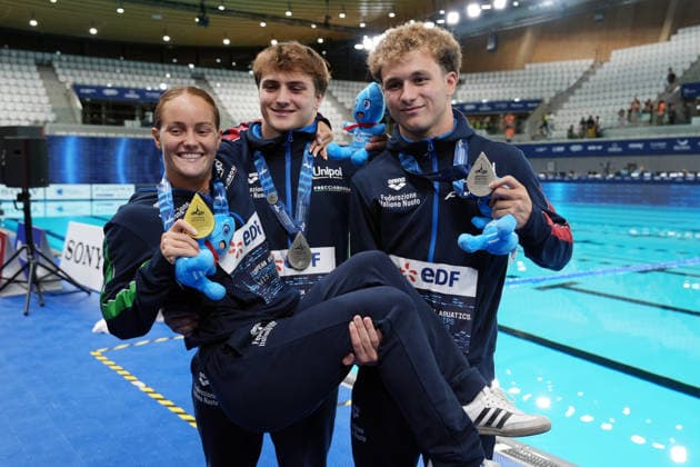 Men s Synchronised 10m Platform, Simone CONTE Raffaele PELLIGRA and Chiara PELLACANI from Italy, at the European Aquatics Championships Paris 2026, Paris, August 03, 2026 .  Copyright: xGianxMattiaxD Alberto LaPressex