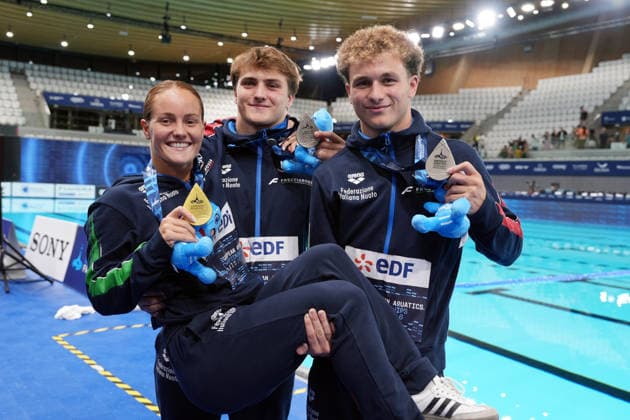 Men s Synchronised 10m Platform, Simone CONTE Raffaele PELLIGRA and Chiara PELLACANI from Italy, at the European Aquatics Championships Paris 2026, Paris, August 03, 2026 .  Copyright: xGianxMattiaxD Alberto LaPressex