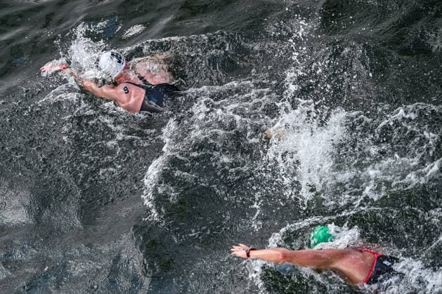 Florian Wellbrock of Germany, David Betlehem of Hungary compete in the open water swimming 5km Men Final during the European Aquatics Championships at the River Seine in Paris (France), August 5, 2026. Andrea Staccioli Deepbluemedia Insidefoto