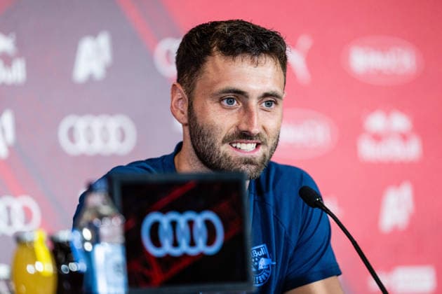 SOCCER - UEFA EL, RBS vs Pafos SALZBURG,AUSTRIA,05.AUG.26 - SOCCER - UEFA Europa League, qualification, Red Bull Salzburg vs Pafos FC, preview, press conference, PK, Pressekonferenz RBS. Image shows Dominik Schmid (RBS).  GEPAxpictures xJulioxArellano