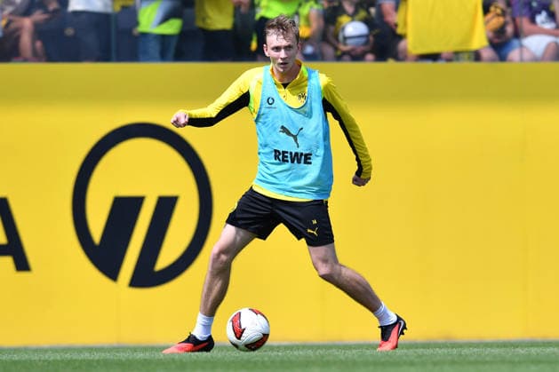 Fußball 1. Bundesliga Training Borussia Dortmund am 05.08.2026 auf dem Trainingsgelände Hohenbuschei in Dortmund Maximilian Beier ( Dortmund ) *** Soccer, Bundesliga 1: Borussia Dortmund training session on August 5, 2026, at the Hohenbuschei training facility in Dortmund. Maximilian Beier, Dortmund xRx