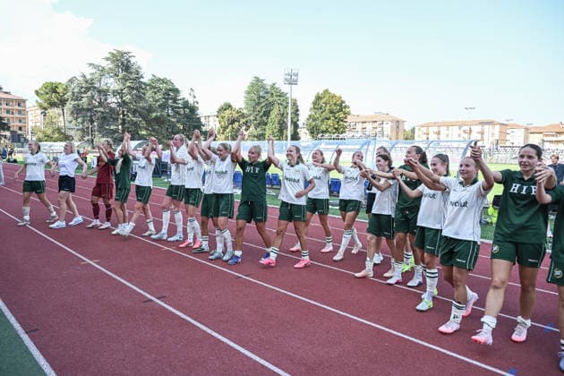 260805 Players of Hammarby celebrate after the UEFA Women s Champions League qualifying match between Hammarby and Apolonia on August 5, 2026 in Biella. Photo: Daniele Buffa BILDBYRAN COP 18 XY0120 fotboll football soccer fotball uefa womens champions league hammarby apolonia dam bbeng kval jubel  Copyright: DanielexBuffa BB260805BB292