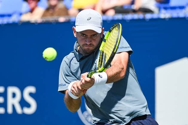 MONTREAL, QC - AUGUST 05: Nicolas Mejia (COL) returns the ball during a second round match at National Bank Open on August 05, 2026 at IGA Stadium in Montreal, QC (Photo by David Kirouac Icon Sportswire) TENNIS: AUG 05 National Bank Open EDITORIAL USE ONLY Icon26080500226