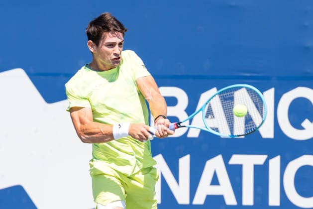 August 5, 2026, Montreal, Quebec, Canada: MARIANO NAVONE from Argentina backhand in match against Valentin Vacherot (14) from France in second round at Canadian Open at IGA stadium in Montreal, Quebec, Canada on 2026-08-05 Montreal Canada - ZUMAl189 20260805_zsp_l189_005 Copyright: xYannickxLegarex